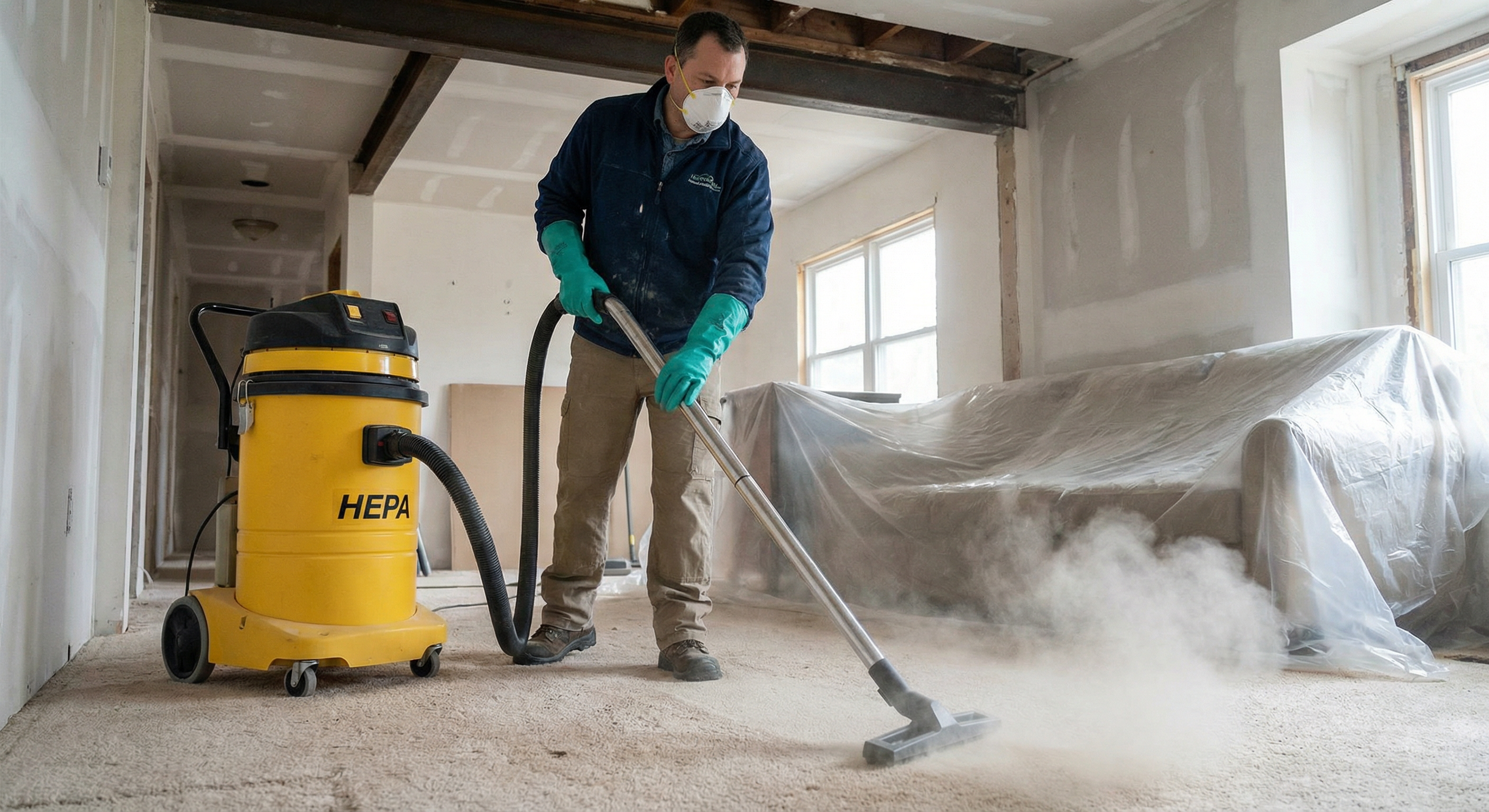 Professional cleaner using industrial HEPA vacuum to remove construction dust during an after builders clean
