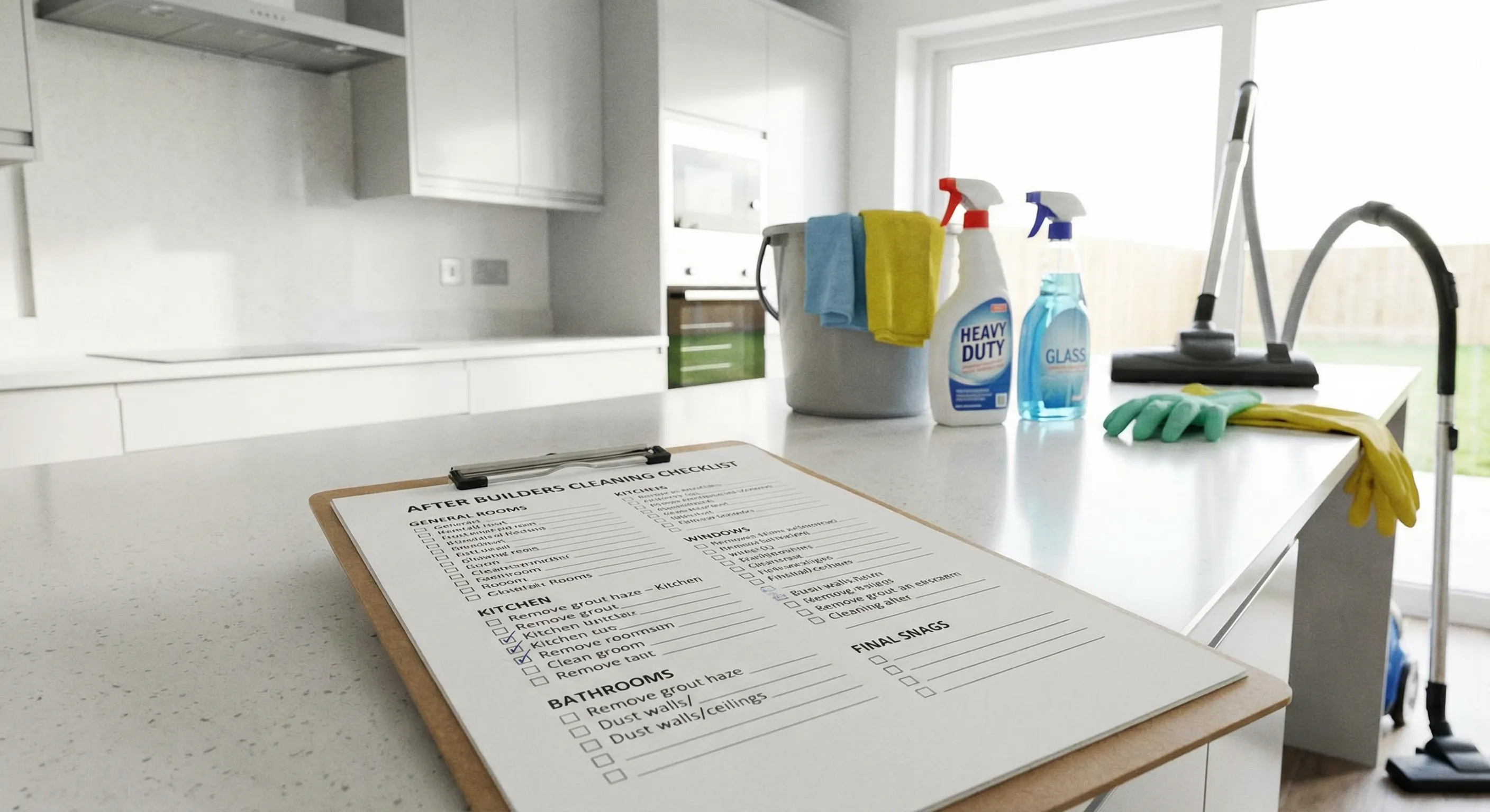 After builders cleaning checklist being used during a post-renovation clean in a London property