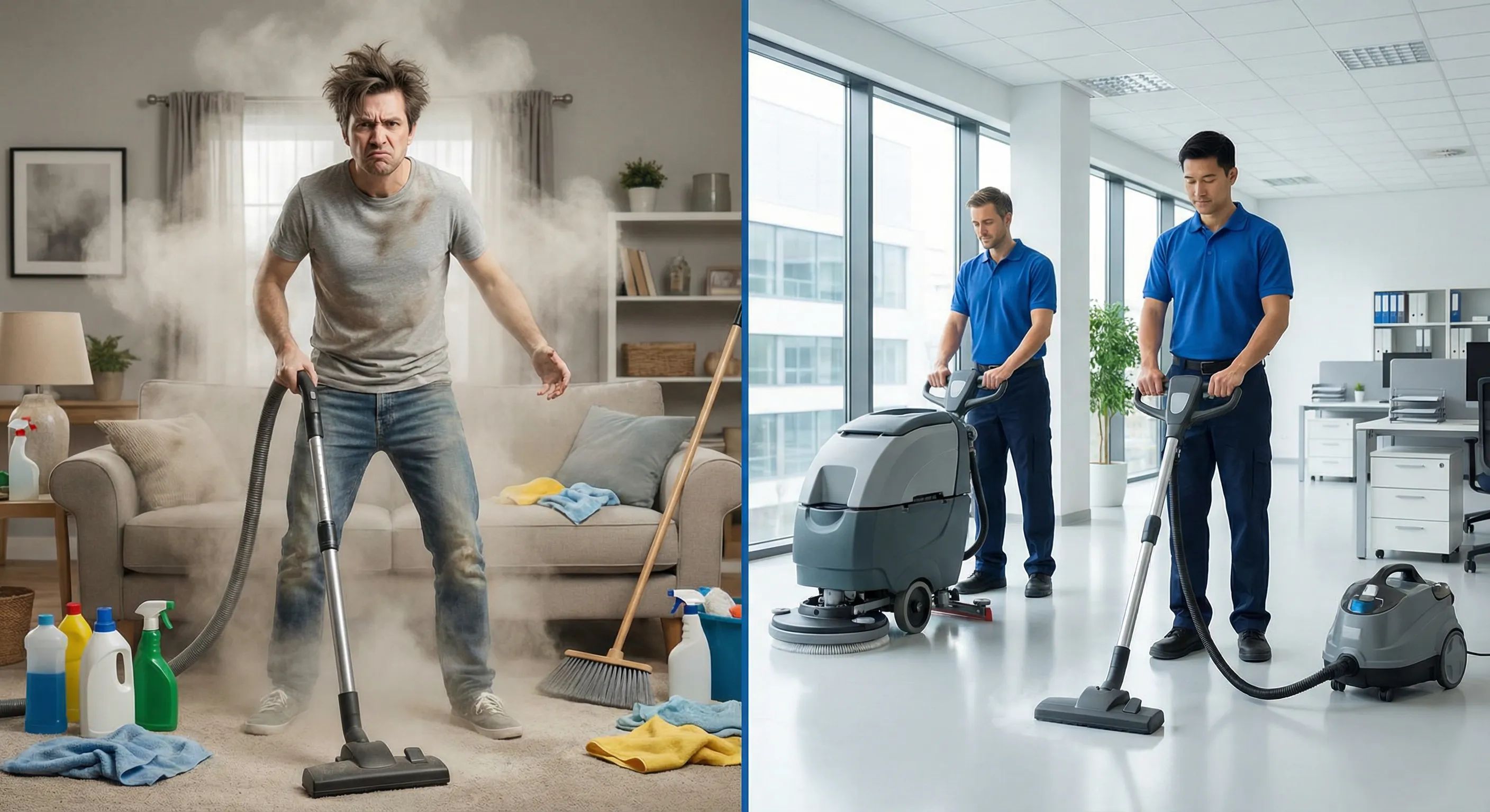 Split image showing a homeowner struggling with a domestic vacuum vs a professional cleaner with industrial equipment