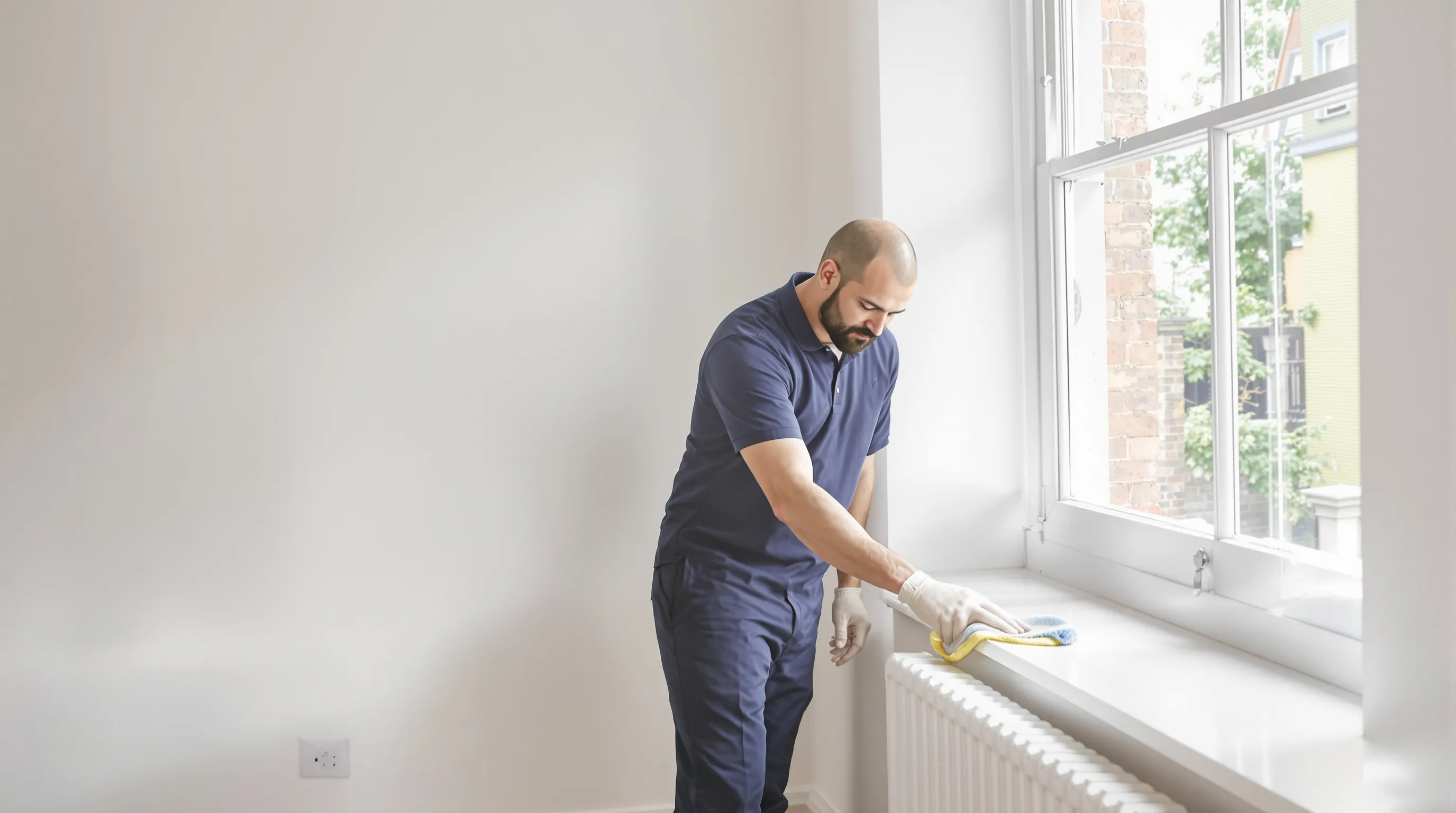 Cleaner in navy uniform wiping a sash windowsill during an end of tenancy clean in a refurbished Fulham flat