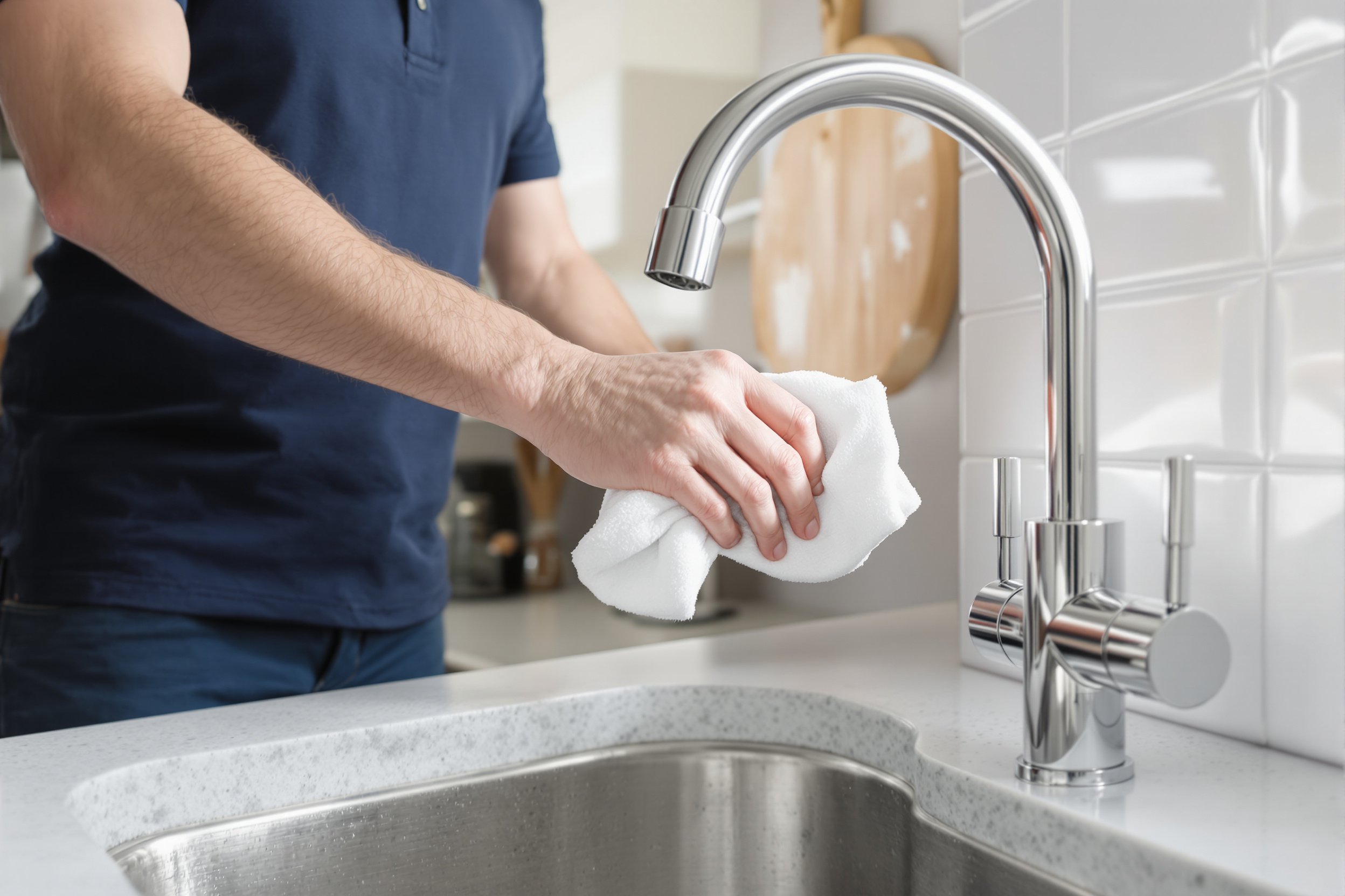 Cleaner polishing a chrome tap during end of tenancy cleaning in a refurbished Fulham rental kitchen