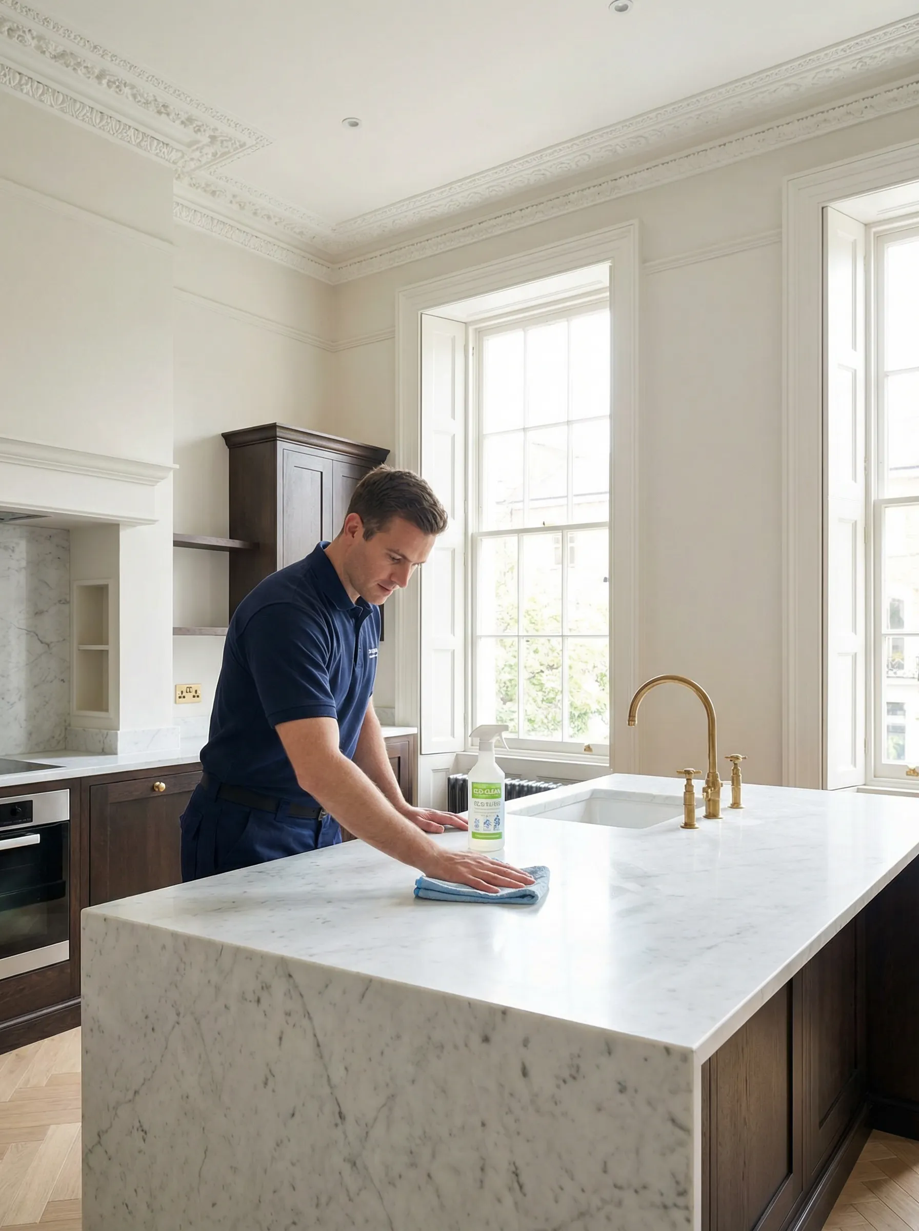 After builders cleaning professional wiping down a marble countertop in a Chelsea SW3 Georgian townhouse