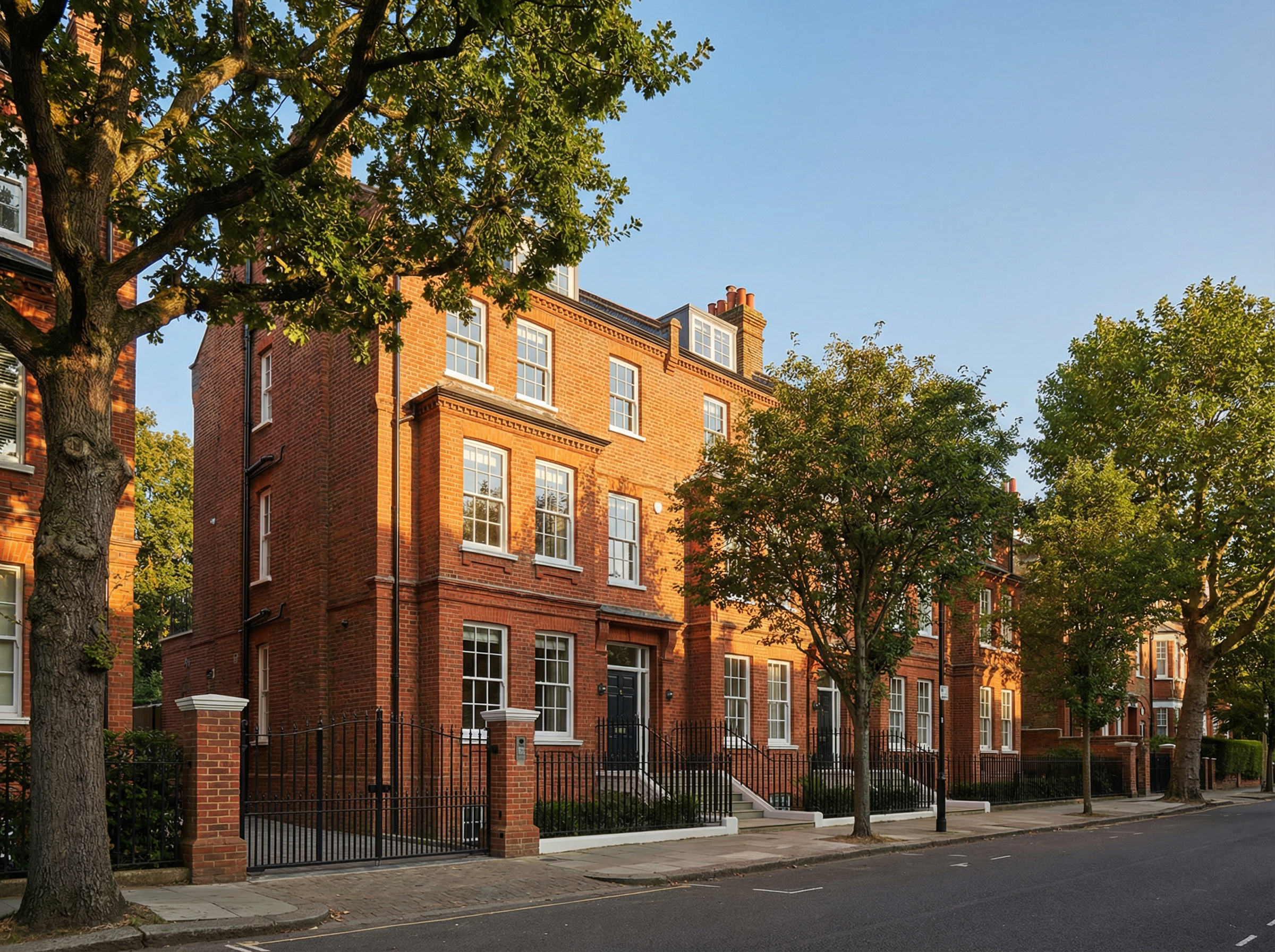 Victorian red brick terraced houses on a leafy Hampstead street in NW3 London