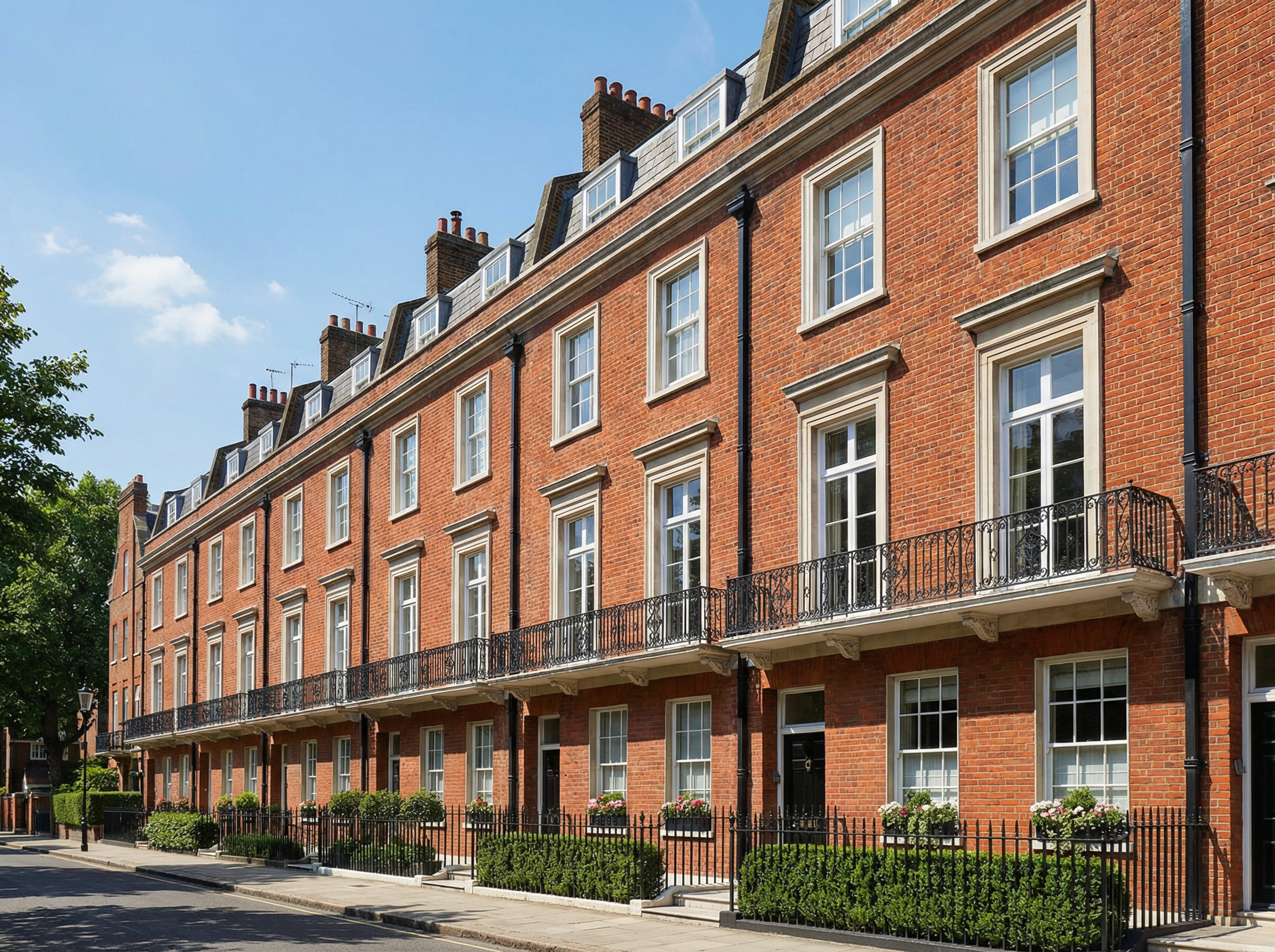 Georgian townhouses on a tree-lined Chelsea street in SW3 London