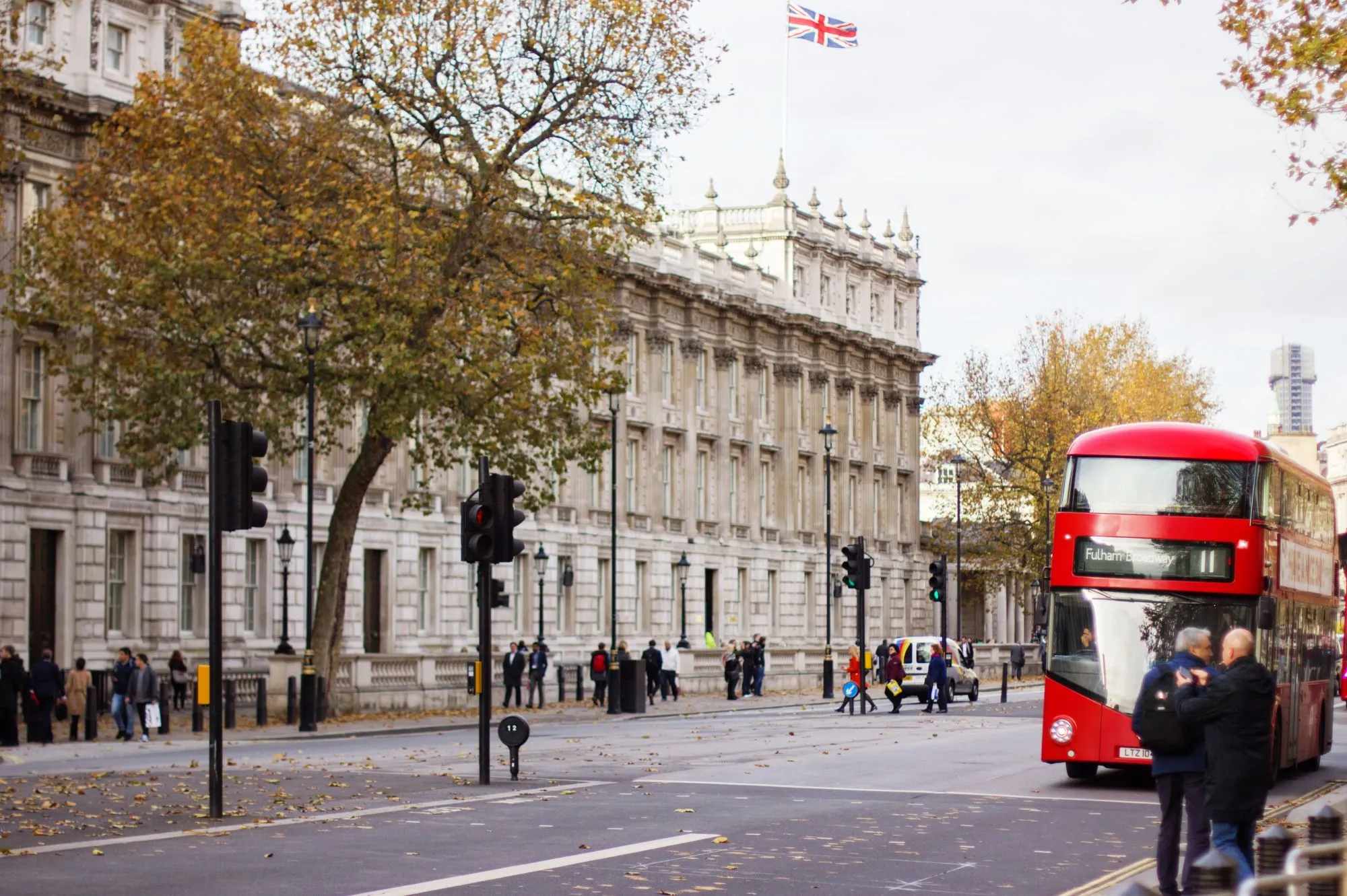 Traditional Fulham street with iconic red double-decker bus