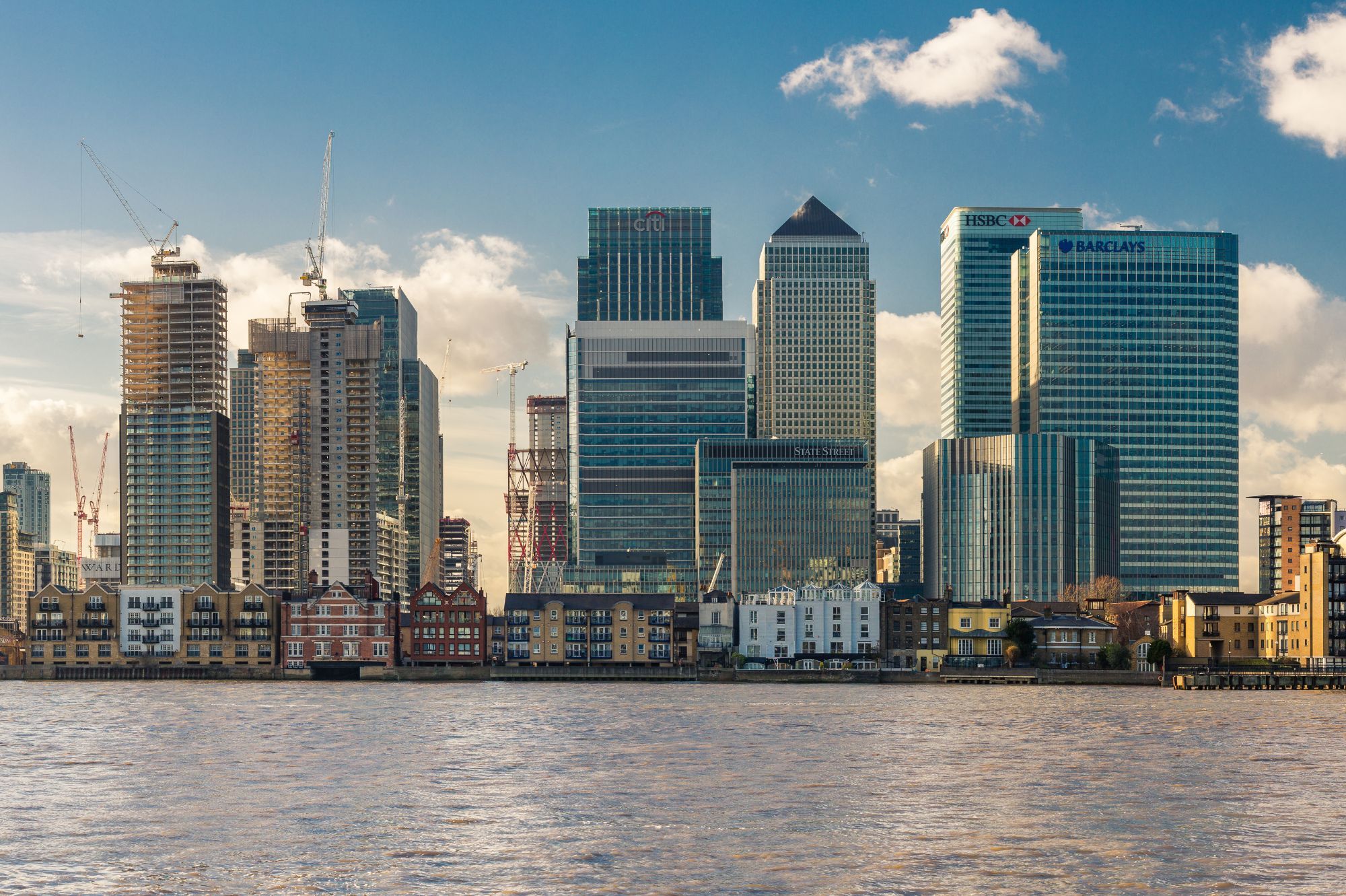 Modern skyscrapers and office buildings in Canary Wharf business district