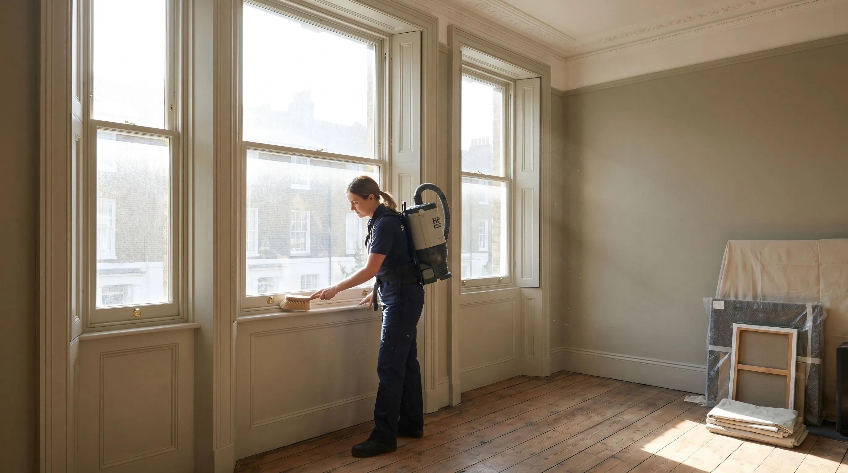 Professional cleaner using HEPA equipment inside a renovated Islington period home with sash windows and cornicing