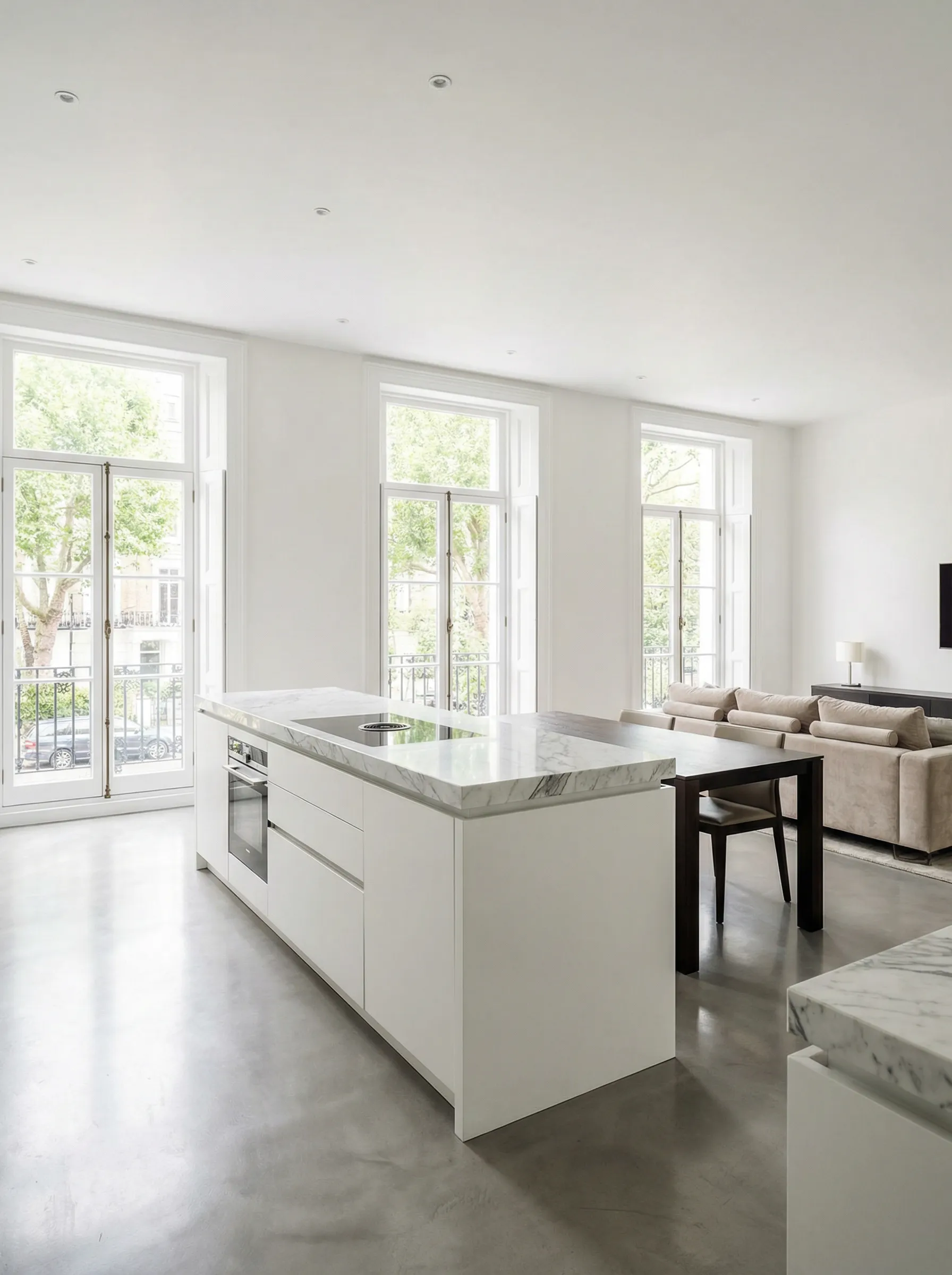 Pristine luxury apartment kitchen in Holland Park W11 after professional post-renovation cleaning