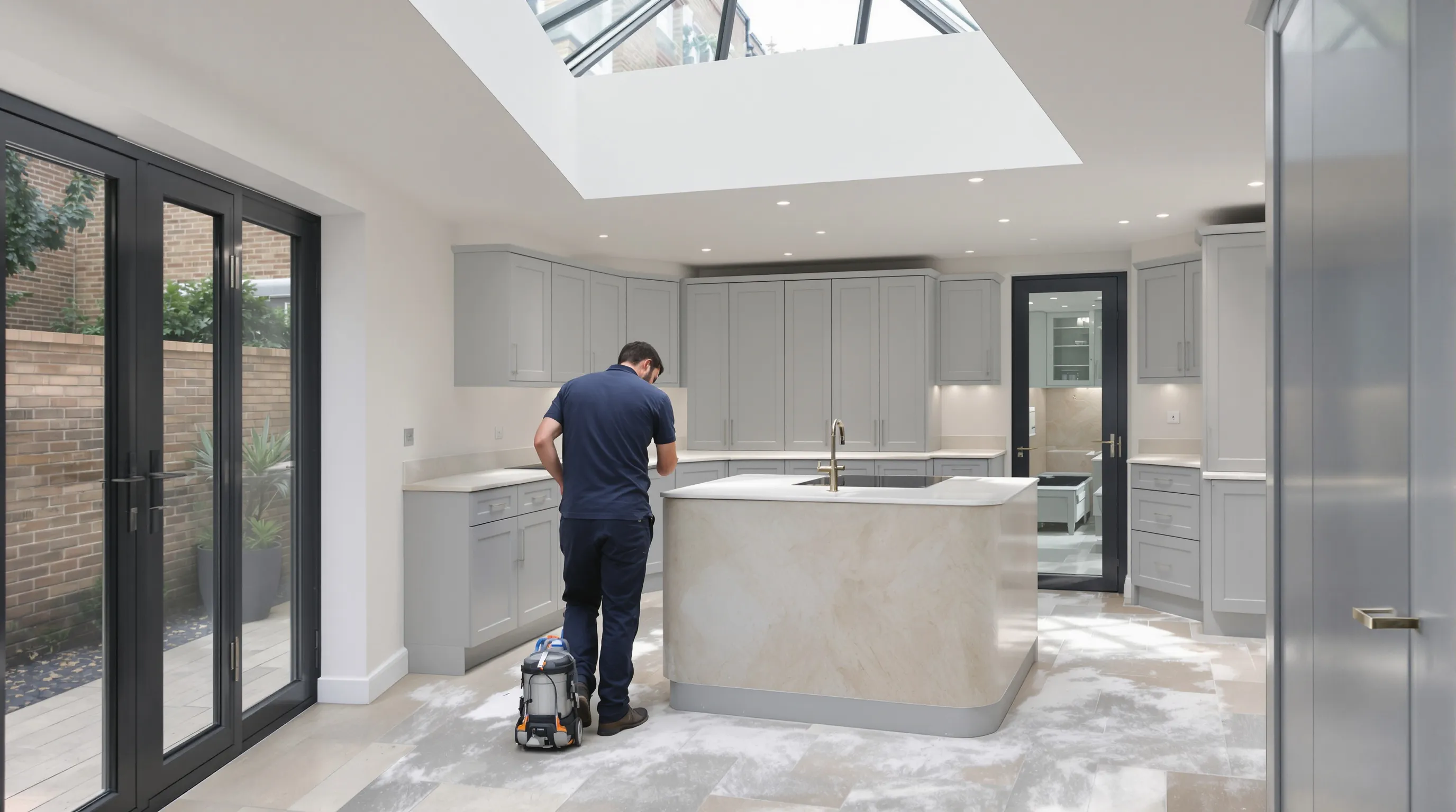Cleaner in navy uniform vacuuming plaster dust in a newly built side return kitchen extension in Fulham