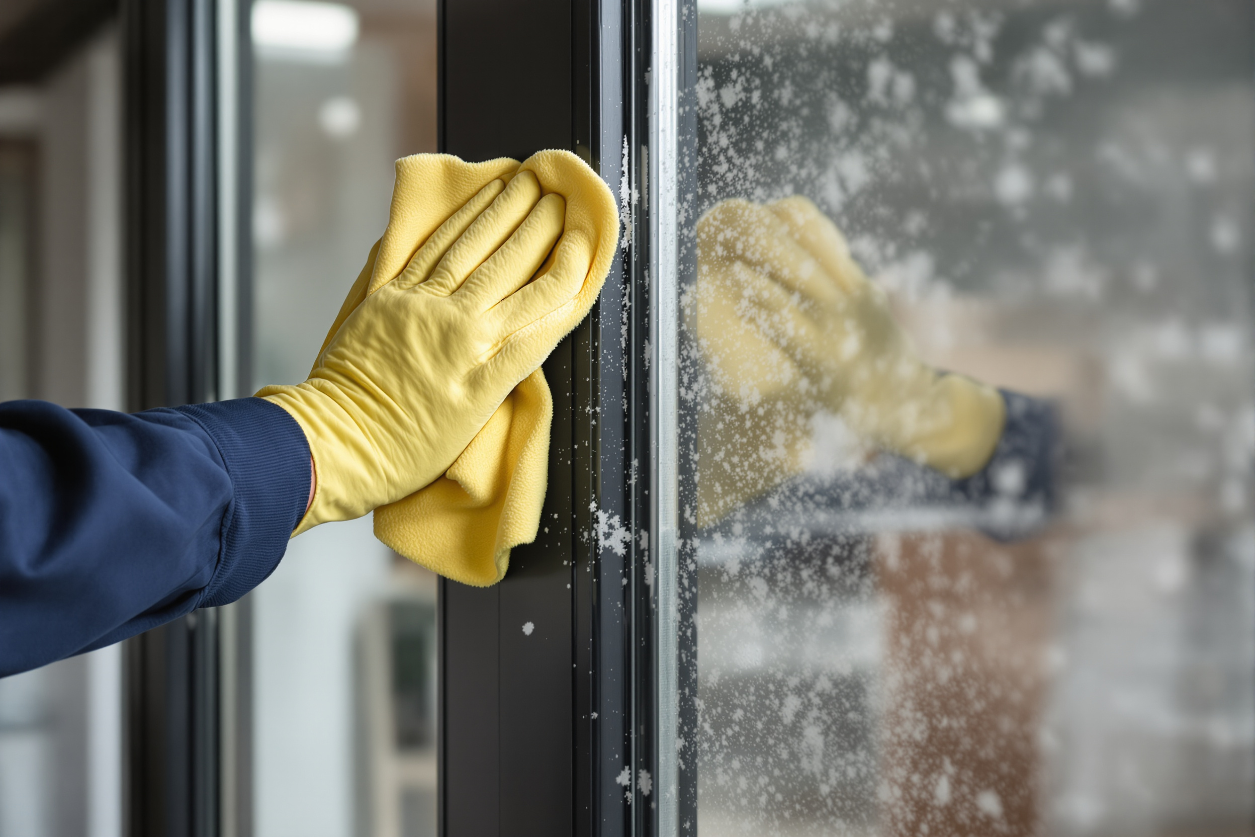 Cleaner wiping plaster dust from the black frame of a glazed door in a Fulham side return extension